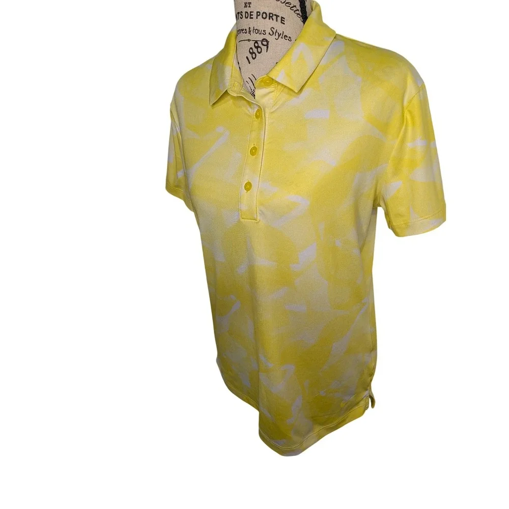 Nike Womens Dri-FIT Polo Shirt Yellow White Abstract‎ Print Golf Tennis Size S